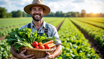 A farmer holding a basket of fresh vegetables in a field, smiling at the camera.