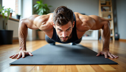 A man doing push-ups on a mat at home.