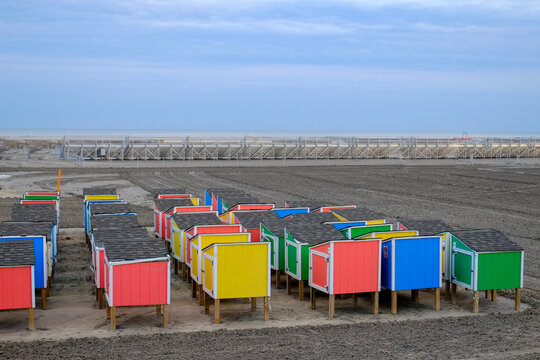 Wildwood, New Jersey, USA  Colorful beachside storage cabanas used by guests to store beach items for the summer. 