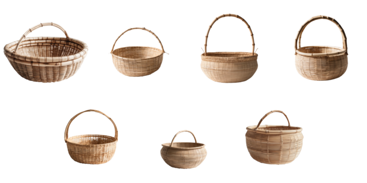 Various traditional bamboo rice baskets arranged in different sizes and shapes isolated on a transparent background for clear visibility and versatile usage.