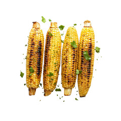 Fototapeta premium Four Grilled Corn on the Cob with Cilantro Garnish, Overhead Shot
