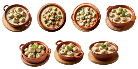 Assorted dishes of stuffed mushrooms in creamy sauce presented in clay pots on wooden serving boards isolated on a transparent background.