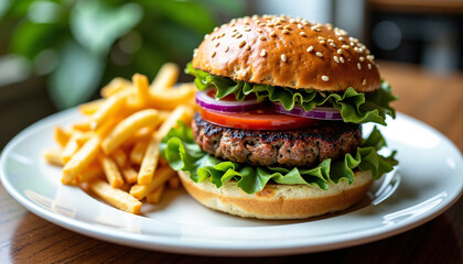 A delicious vegan burger with fries on a plate.
