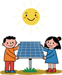 Children holding solar panel under smiling sun renewable energy concept illustration 