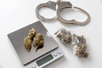 Weighing marijuana buds on a scale.