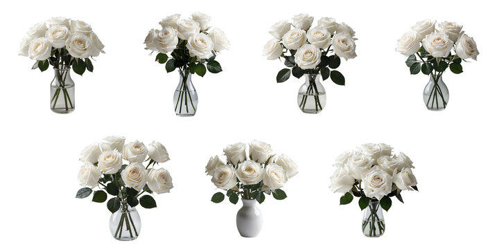 Various arrangements of white roses in different small glass vases with transparent background isolated on transparent for floral design and decor usage.