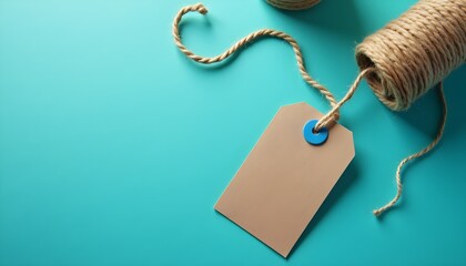 A blank brown tag with a blue circle attached to a spool of twine on a turquoise background