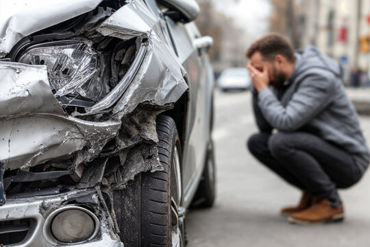 Man in distress after a severe car accident on a busy urban street during the day