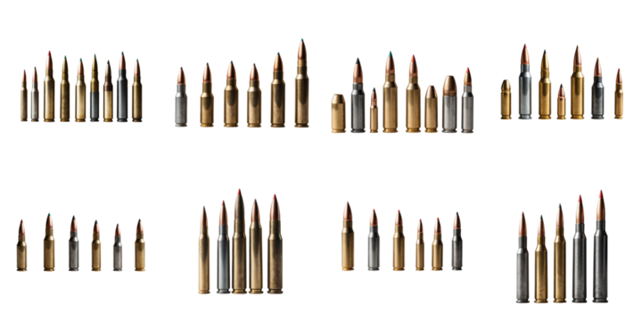 A collection of various caliber bullets displayed isolated on a transparent background showing distinct shapes, sizes, and metallic finishes for each type of ammunition.