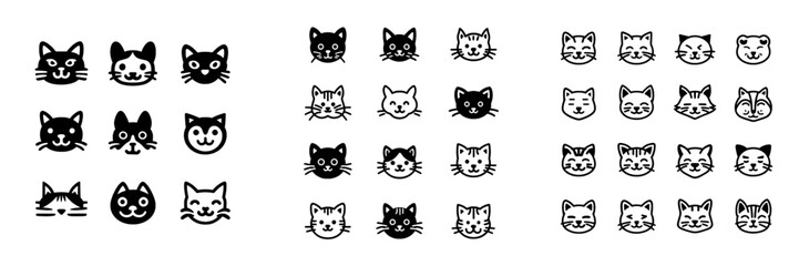 Obraz premium A collection of cat icons, including kittens emoji symbols, is available in simple black and white outline form as isolated cat head emoticon pictures with a modern look