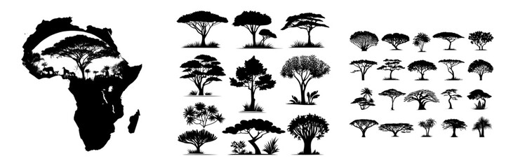 African trees are depicted as black silhouettes against a white background, showcasing the isolated beauty of savannah nature and the forest landscape of Africa, complete with acacia icons