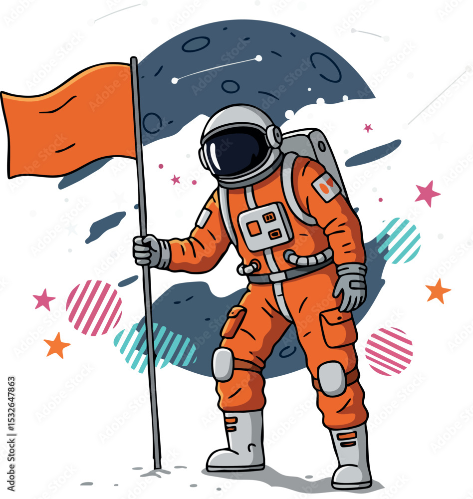 Poster astronaut in orange spacesuit holding flag with moon and stars background vector illustration