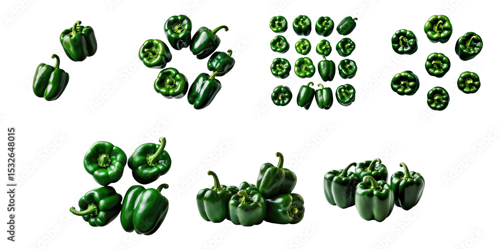 Aufkleber green bell peppers arranged in various positions and angles isolated on a clear background highlight