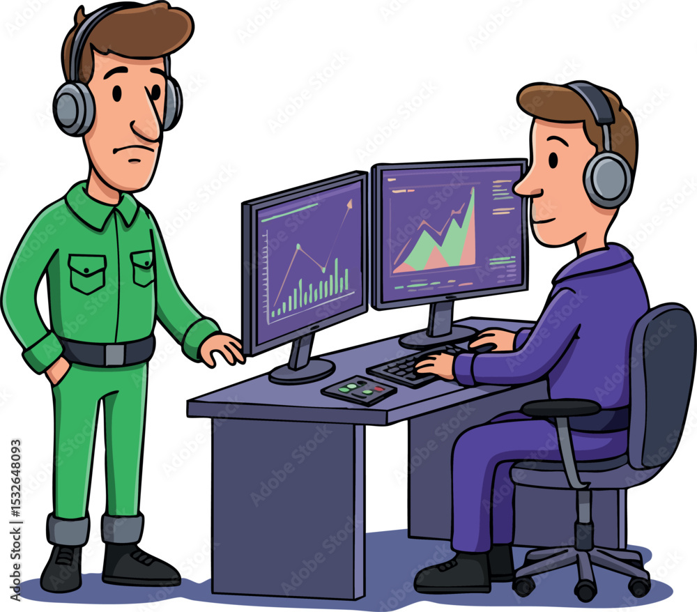 Poster two men working with dual monitors analyzing graphs in office environment vector illustration