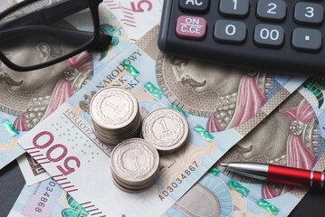 Polish coins stack. PLN currency