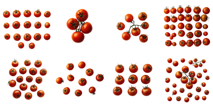 multiple clusters of ripe small red tomatoes isolated on transparent background arranged in various patterns and compositions for seamless graphic design use - Powered by Adobe