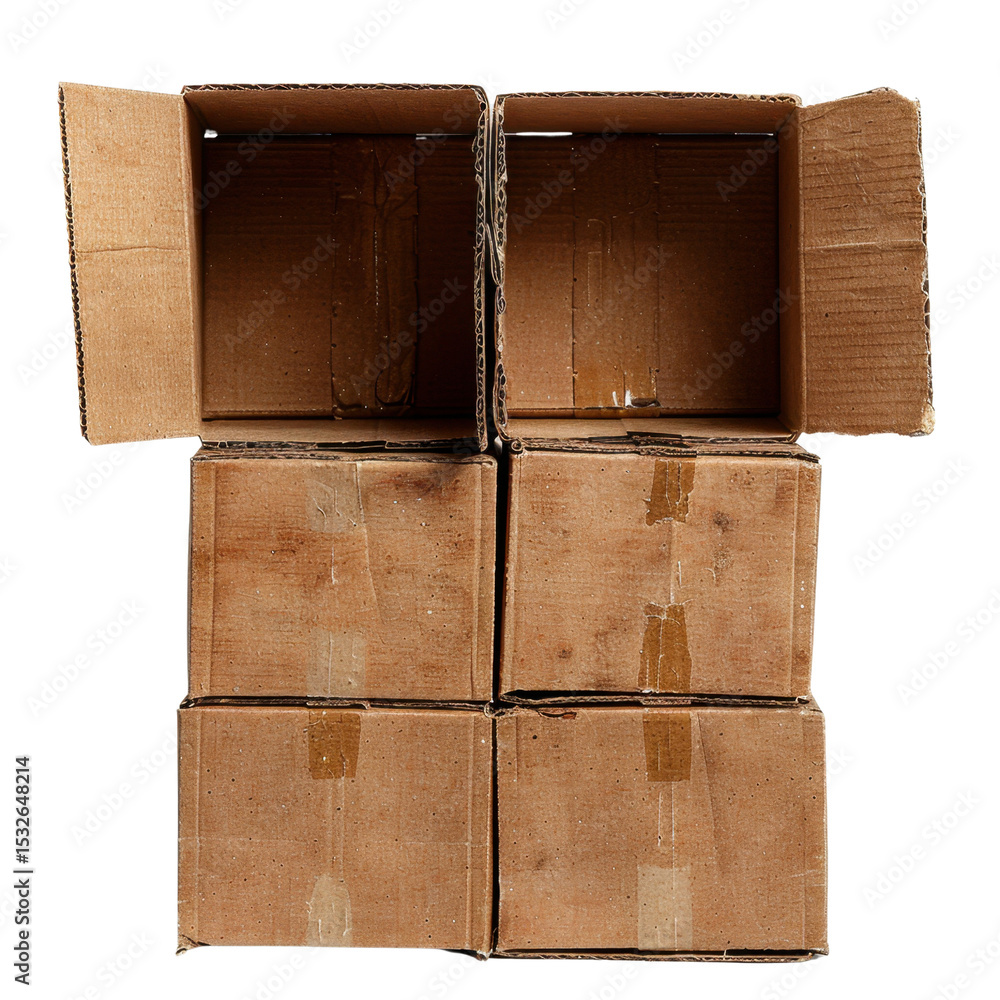 Aufkleber stack of six empty cardboard boxes arranged in two rows, showcasing their open flaps and brown textu