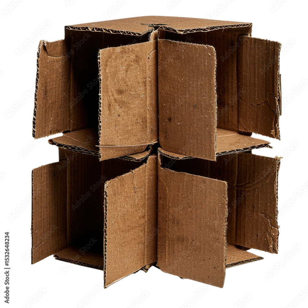 Poster damaged cardboard box with flaps open, showcasing its structure and texture. box appears worn and us