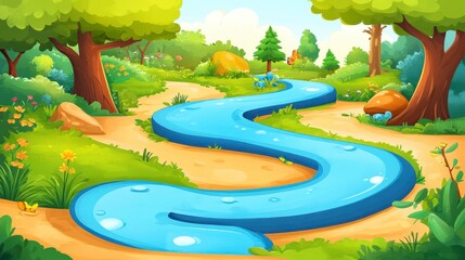 Serene Cartoon Landscape with Flowing River, Lush Greenery, Colorful Flowers, and Trees in a Bright Sunny Day Environment