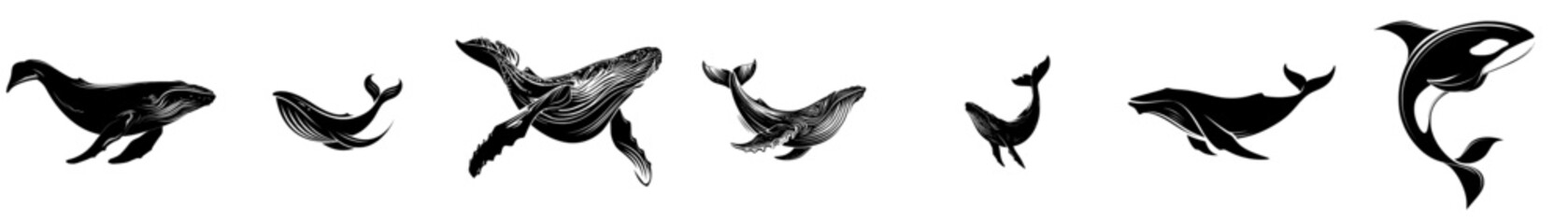 Obraz premium A modern whale icon is depicted as a black silhouette isolated on a white background, serving as a graphic design element and symbol for cetaceans
