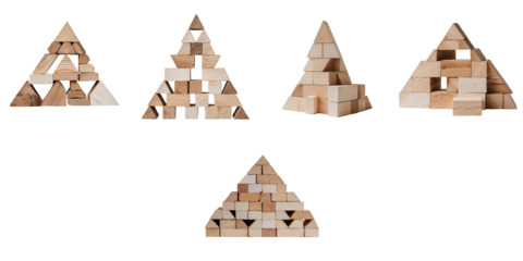 Set of five triangular wooden building blocks arranged in various structures over a transparent background featuring a minimalistic design emphasizing geometric shapes and textures.
