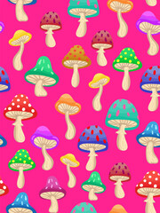 pink art poster with colorful mushrooms vibrant whimsical fungi for modern decor playful design cheerful fantasy toadstool print lively imaginative background