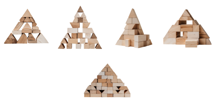 Set of five triangular wooden building blocks arranged in various structures over a transparent background featuring a minimalistic design emphasizing geometric shapes and textures.