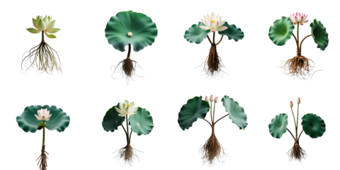 Lotus plant life cycle collage showcasing various stages including roots, leaves, flowers, and buds on a transparent background highlighting intricate details and vibrant colors.