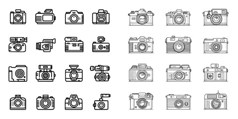 Fototapeta premium The collection includes a video camera icon set, a modern icon for a video camera, various camera icons, a sign for movies, and cinema representations