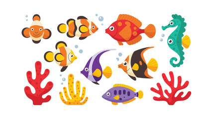 Cartoon Sea Life Illustration: Colorful Fish, Seahorse, and Coral Reef Scene