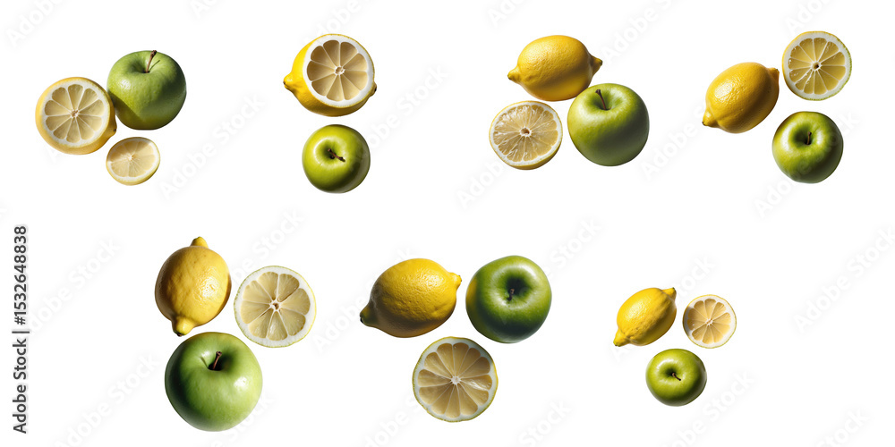 Poster whole and half lemons alongside green apples arranged on a transparent background showcasing top vie