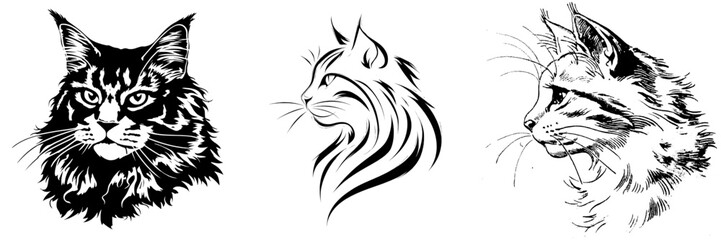 Fototapeta premium This picture shows a lovely cat illustration, featuring the cat's head in a monochrome silhouette style, with fluffy fur, presented as a stencil and also including a kitten silhouette, which can be