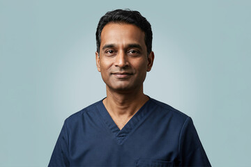 Obraz premium Portrait of a confident Indian male doctor wearing navy scrubs on a light background