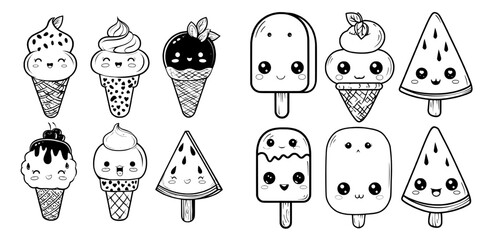 The ice cream black glyph set features chocolate, vanilla, cartoon ice cream cones, fruit, mint, and berry, all in kawaii style, as part of a summer collection of sweet food and splash icons,