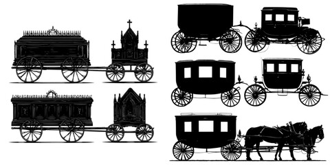 Obraz premium A modern silhouette of three distinct horse drawn hearse carriages