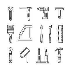Obraz premium Instrument symbols such as wrench, hammer, handsaw, paint brush, screwdriver, and adjustment wrench are included in this tool icon set with a modern illustration style