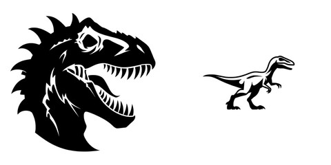 The symbol design of a velociraptor, represented as a silhouette icon sign, is set against a white background in this modern illustration