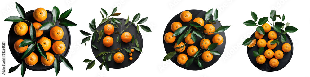 Poster fresh oranges with green leaves arranged in circular patterns on a transparent background. vivid col