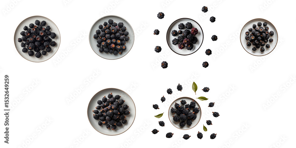 Poster dried transparent aronia berries arranged on multiple white plates with green leaves isolated on tra