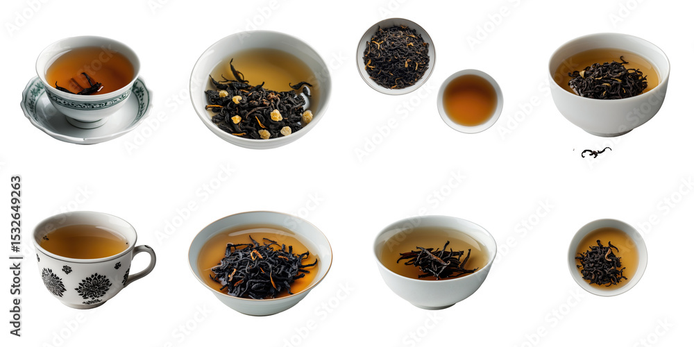 Poster different types of indian transparent tea displayed in various porcelain bowls and cups, with some e