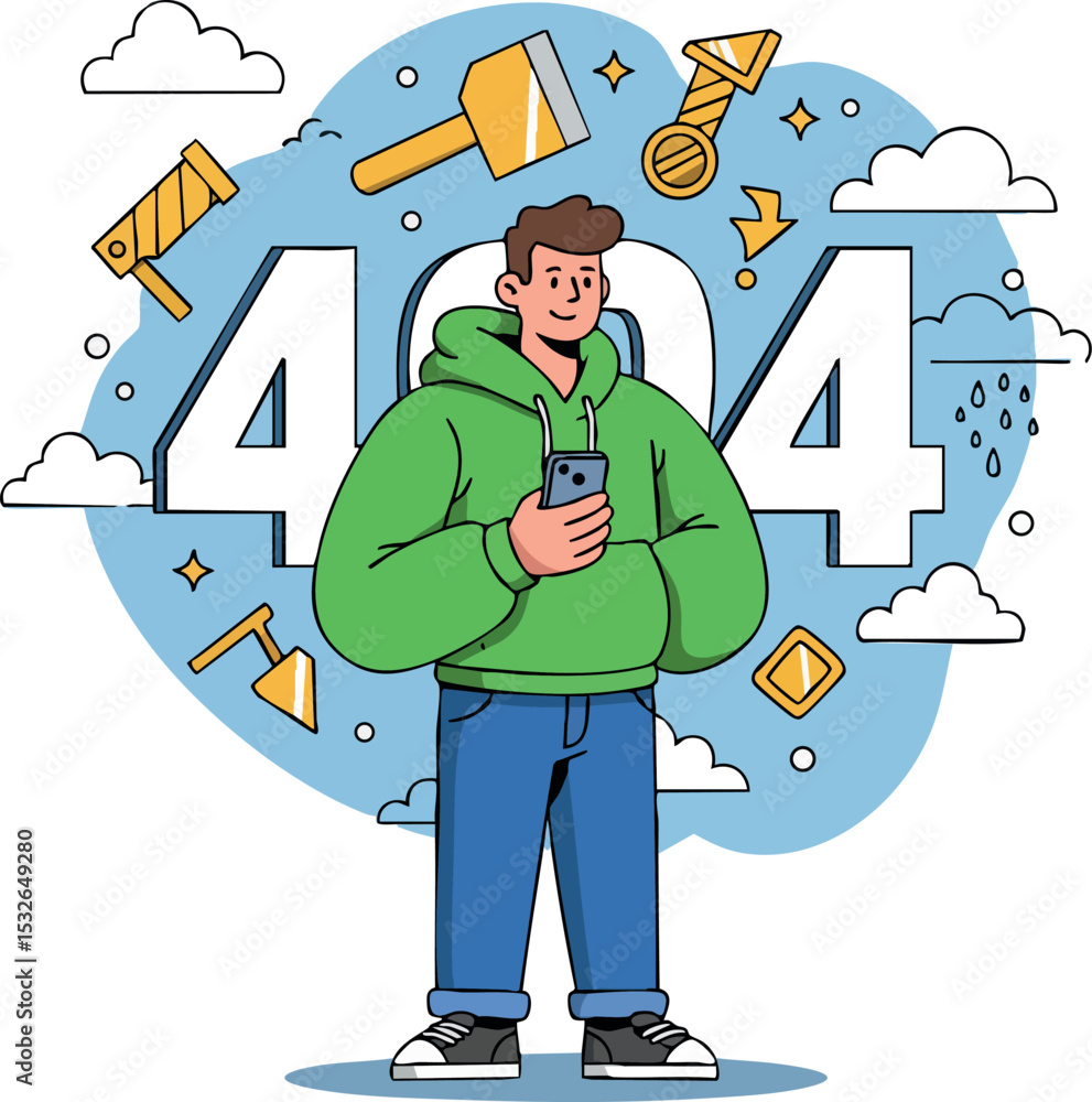 Poster young man standing with phone in front of 404 error code vector illustration