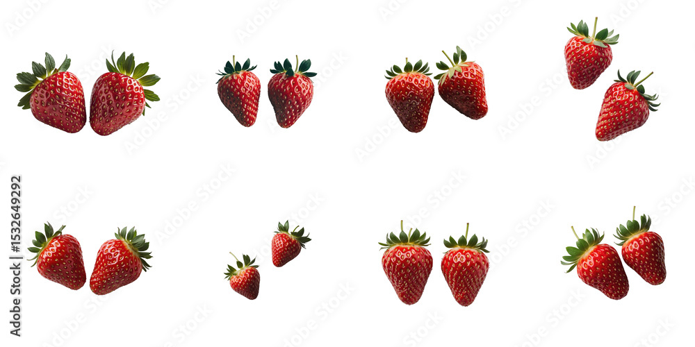 Aufkleber fresh ripe strawberries with green leaves arranged in various groupings on a transparent background 