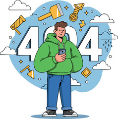 Young man standing with phone in front of 404 error code vector illustration 