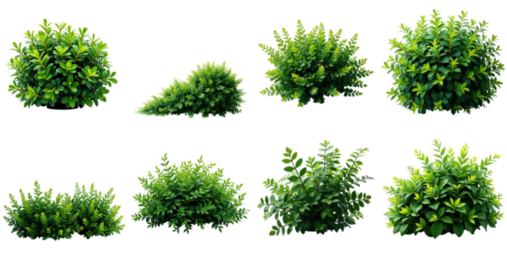 Collection of diverse green bush plants isolated on a transparent background showcasing various shapes and sizes ideal for graphic design and digital projects.