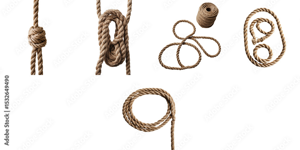 Poster hemp rope collection on transparent background featuring various styles such as knots, loops, and co