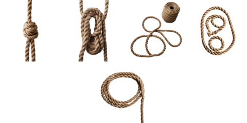 Hemp rope collection on transparent background featuring various styles such as knots, loops, and coiled shapes for diverse applications in design and craft projects