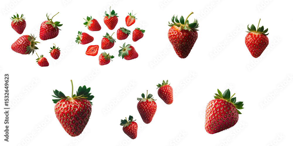 Poster multiple fresh strawberries arranged in various positions isolated on a transparent background with 