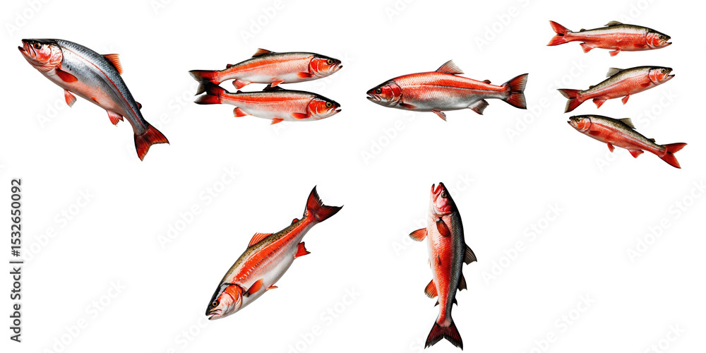 Poster various salmon fish in different sizes and angles isolated on a transparent background suitable for 