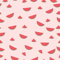 Colorful seamless pattern of watermelon slices on soft pink. Perfect for textiles, packaging, digital backgrounds, and summer-themed creative projects