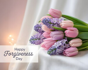 A close-up of a vibrant bouquet of pink tulips and purple hyacinths arranged on a marble table. Beautiful Pink and Purple Flowers Bouquet for Forgiveness Day.
